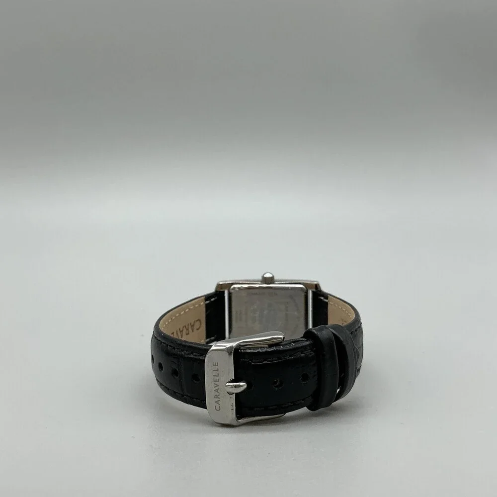 Caravelle Womens Watch 21mm Silver Tone Black Leather Band 43L202 New Battery